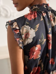 Navy Blue Floral Printed High Neck Tiered Occasion Maxi Dress - Image 6 of 9