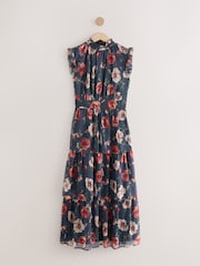 Navy Blue Floral Printed High Neck Tiered Occasion Maxi Dress - Image 7 of 9