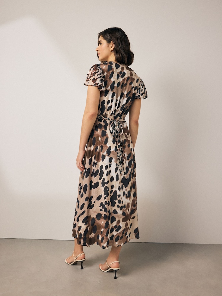 Brown Cow Animal Print Flutter Sleeve V-Neck Tie Waist Maxi Dress - Image 2 of 7