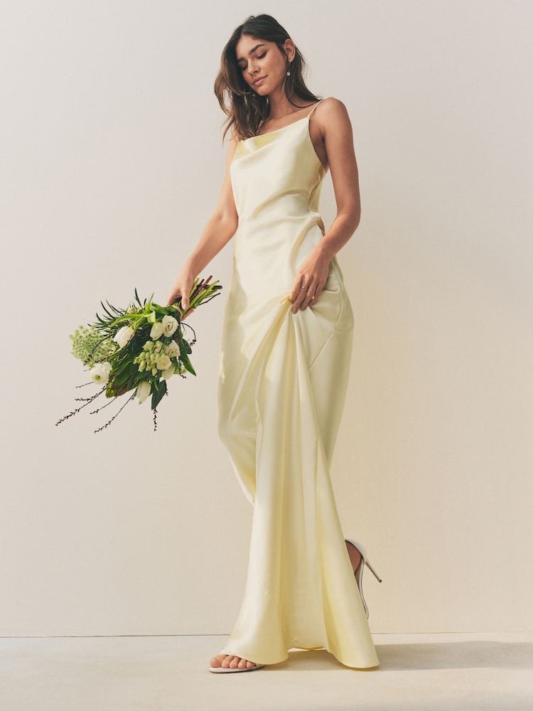 Pastel Yellow Bridesmaid Satin Cowl Neck V-Back Maxi Dress - Image 2 of 4 Pastel Yellow Bridesmaid Satin Cowl Neck V-Back Maxi Dress - Image 2 of 4