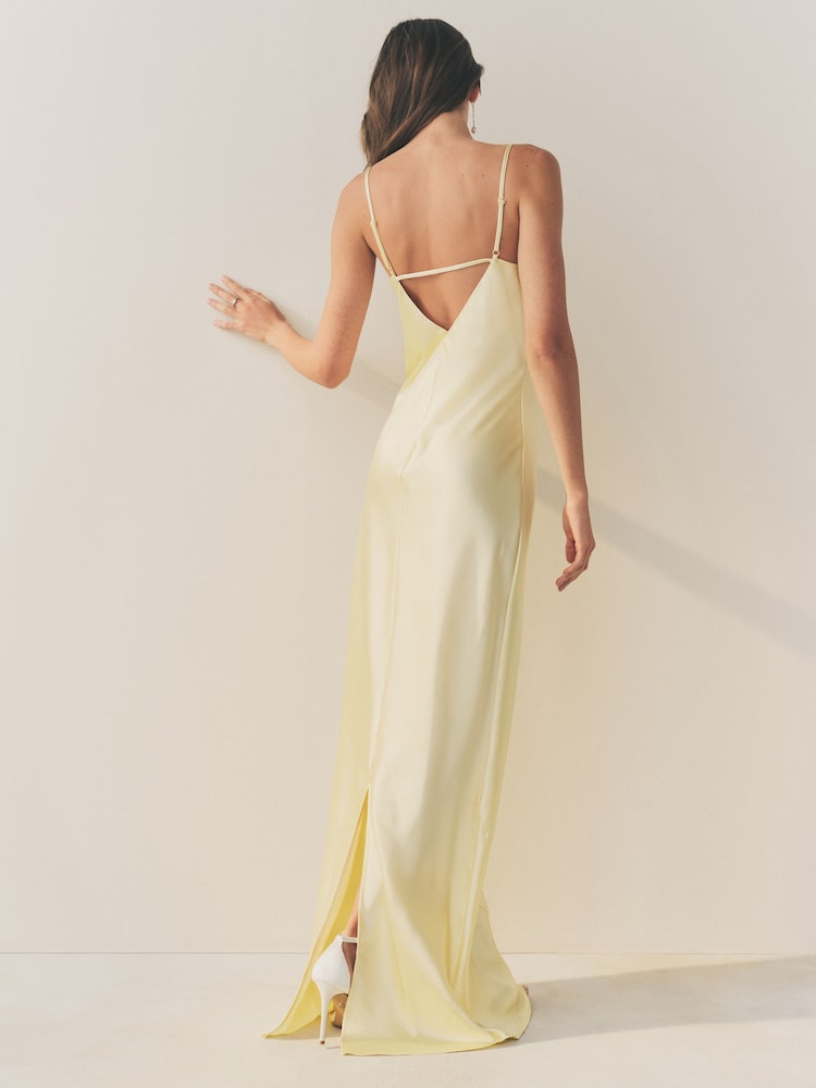 Jaune pastel - Peignoir longue bénitier Satin à col en V - Image 3 of 4
