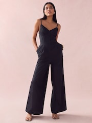Black Corset Detail Wide Leg 100% Cotton Jumpsuit - Image 1 of 10