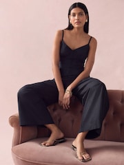 Black Corset Detail Wide Leg 100% Cotton Jumpsuit - Image 2 of 10