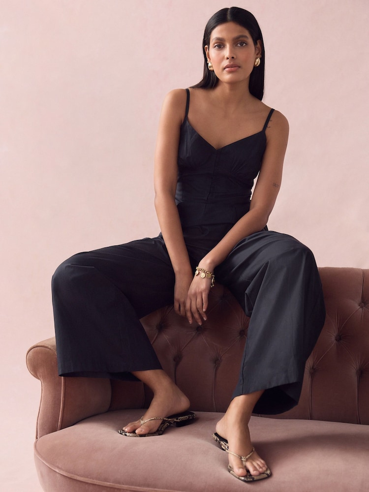Black Corset Detail Wide Leg 100% Cotton Jumpsuit - Image 2 of 10