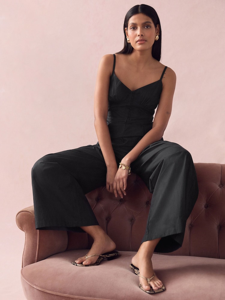Black Corset Detail Wide Leg 100% Cotton Jumpsuit - Image 2 of 10 Black Corset Detail Wide Leg 100% Cotton Jumpsuit - Image 2 of 10