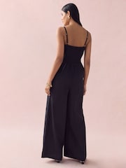 Black Corset Detail Wide Leg 100% Cotton Jumpsuit - Image 3 of 10