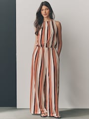 Brown/Cream Stripe Sleeveless Wide Leg 100% Cotton Jumpsuit - Image 1 of 8