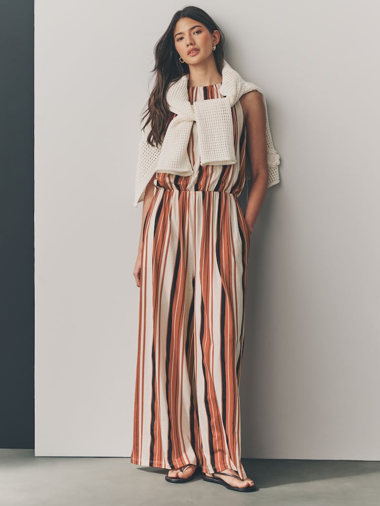 Brown/Cream Stripe Sleeveless Wide Leg 100% Cotton Jumpsuit - Image 2 of 8