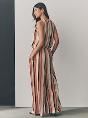 Brown/Cream Stripe Sleeveless Wide Leg 100% Cotton Jumpsuit - Image 3 of 8