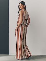 Brown/Cream Stripe Sleeveless Wide Leg 100% Cotton Jumpsuit - Image 4 of 8