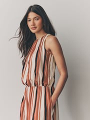 Brown/Cream Stripe Sleeveless Wide Leg 100% Cotton Jumpsuit - Image 5 of 8
