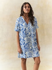 Blue Paisley Print Kaftan Mini Dress with Linen - Image 1 of 8