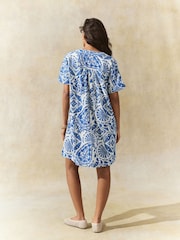 Blue Paisley Print Kaftan Mini Dress with Linen - Image 3 of 8