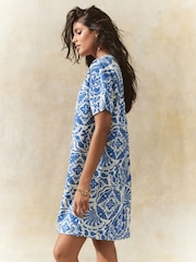 Blue Paisley Print Kaftan Mini Dress with Linen - Image 4 of 8