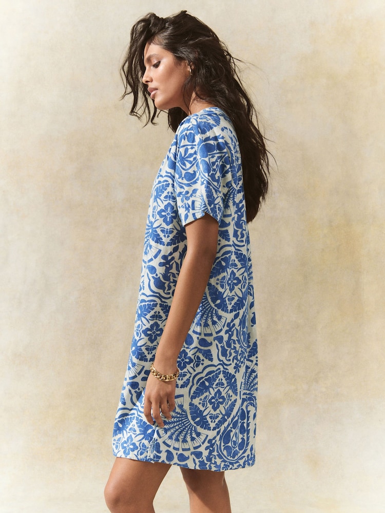 Blue Paisley Print Kaftan Mini Dress with Linen - Image 4 of 8