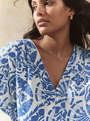 Blue Paisley Print Kaftan Mini Dress with Linen - Image 5 of 8