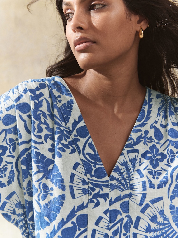 Blue Paisley Print Kaftan Mini Dress with Linen - Image 5 of 8
