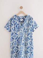Blue Paisley Print Kaftan Mini Dress with Linen - Image 6 of 8