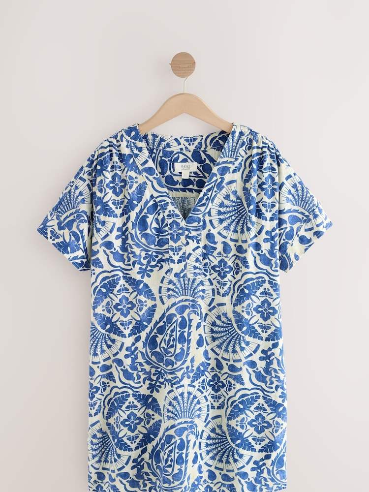 Blue Paisley Print Kaftan Mini Dress with Linen - Image 6 of 8