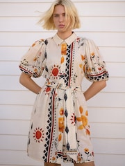 Ecru/Cream Sun Print Puff Sleeve Tie Waist Mini Shirt Dress - Image 1 of 7