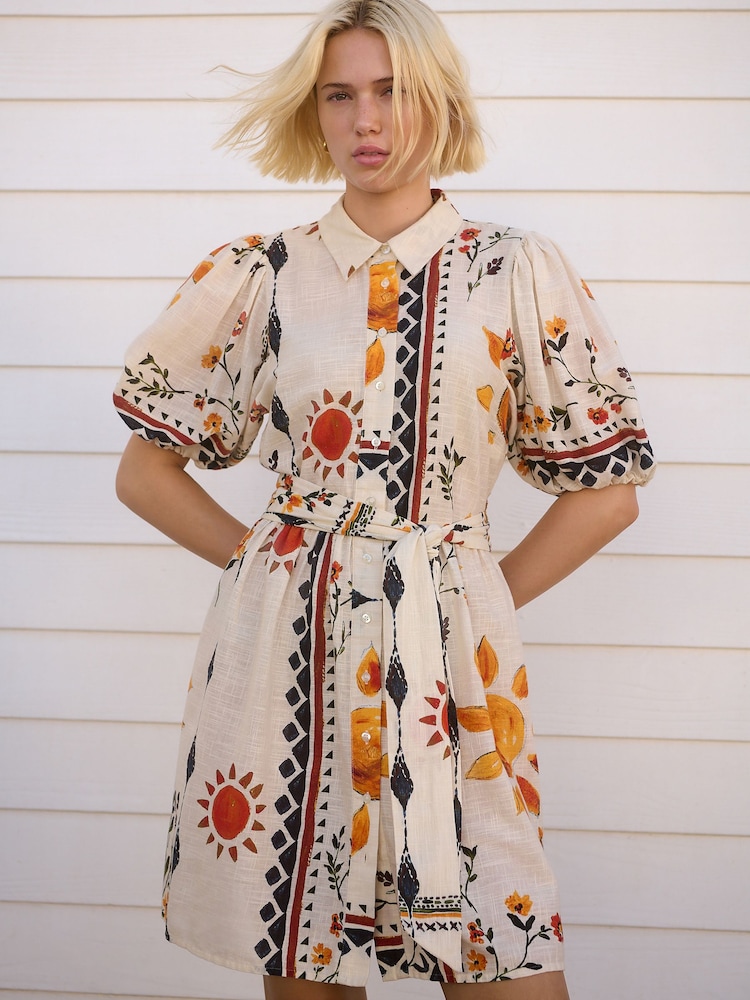 Ecru/Cream Sun Print Puff Sleeve Tie Waist Mini Shirt Dress - Image 1 of 7
