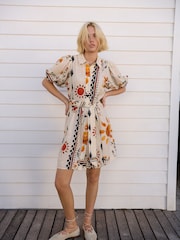 Ecru/Cream Sun Print Puff Sleeve Tie Waist Mini Shirt Dress - Image 2 of 7
