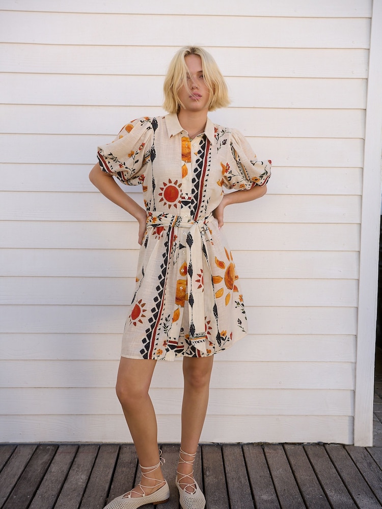 Ecru/Cream Sun Print Puff Sleeve Tie Waist Mini Shirt Dress - Image 2 of 7