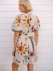 Ecru/Cream Sun Print Puff Sleeve Tie Waist Mini Shirt Dress - Image 3 of 7