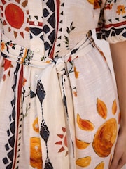 Ecru/Cream Sun Print Puff Sleeve Tie Waist Mini Shirt Dress - Image 4 of 7
