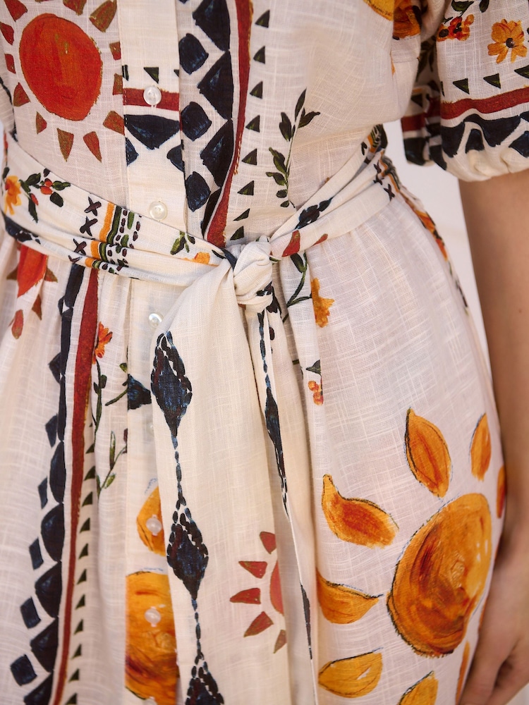 Ecru/Cream Sun Print Mini Puff Sleeve Tie Waist Shirt Dress - Image 4 of 7