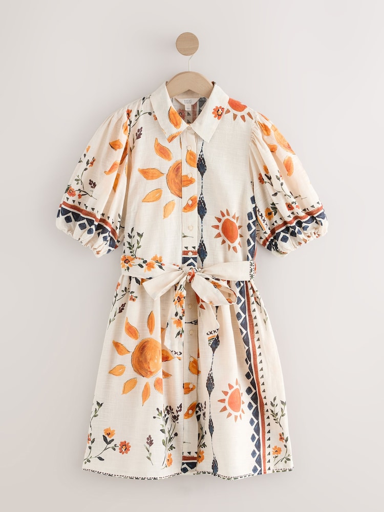 Ecru/Cream Sun Print Mini Puff Sleeve Tie Waist Shirt Dress - Image 5 of 7