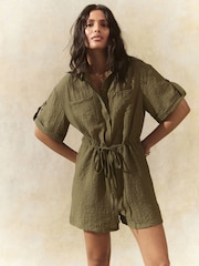 Khaki Green Short Sleeve Textured Utility Playsuit - Image 1 of 7