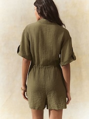 Khaki Green Short Sleeve Textured Utility Playsuit - Image 3 of 7