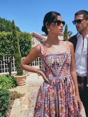 Pink Paisley Print Square Neck Shirred Poplin Midi Dress - Image 5 of 9