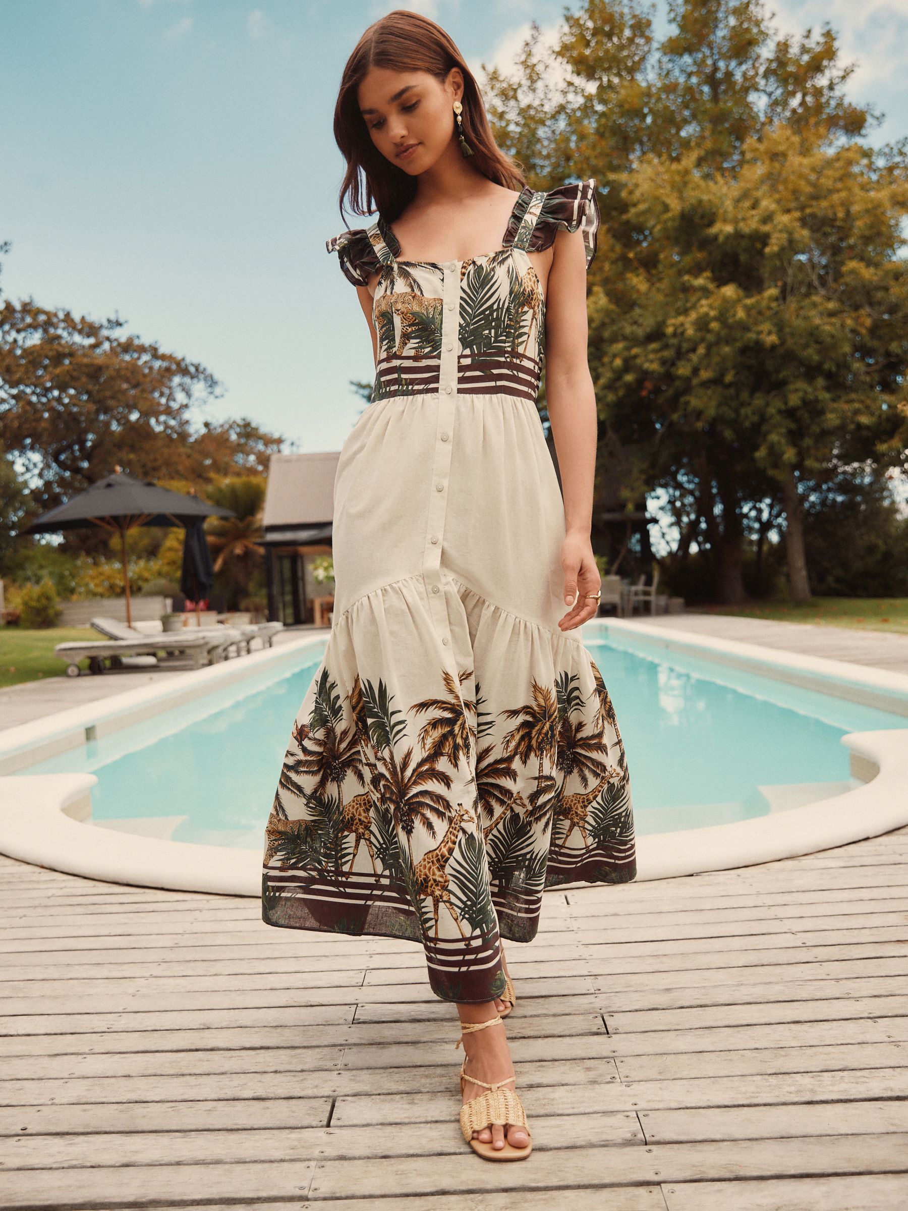 【オンラインショップ】 Sleeve Flutter Print Palm Ecru/Cream Buy Tie Tiered Back ジャケット・アウター