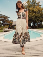 Ecru/Cream Palm Print Flutter Sleeve Tie Back Tiered Maxi Boho Dress - Image 1 of 8