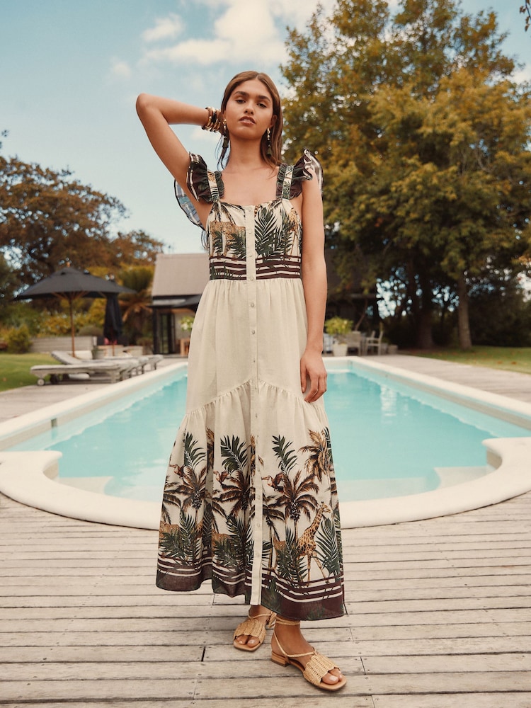 Ecru/Cream Palm Print Flutter Sleeve Tie Back Tiered Maxi Boho Dress - Image 2 of 8
