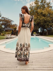 Ecru/Cream Palm Print Flutter Sleeve Tie Back Tiered Maxi Boho Dress - Image 3 of 8
