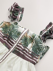 Ecru/Cream Palm Print Flutter Sleeve Tie Back Tiered Maxi Boho Dress - Image 7 of 8