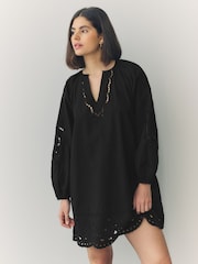 Black Long Sleeve Broderie Summer Mini Dress - Image 1 of 8