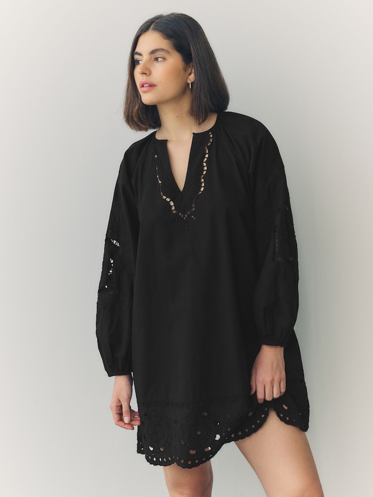 Black Long Sleeve Broderie Summer Mini Dress - Image 1 of 8