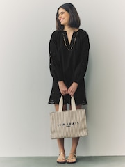 Black Long Sleeve Broderie Summer Mini Dress - Image 2 of 8
