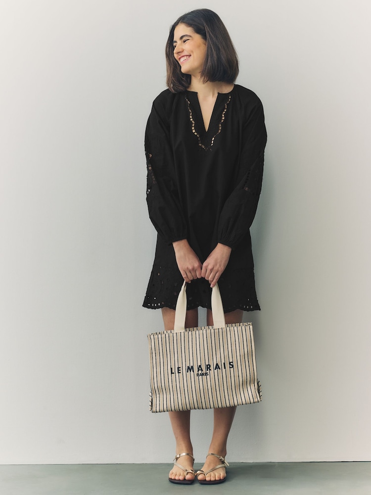 Black Long Sleeve Broderie Summer Mini Dress - Image 2 of 8