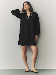 Black Long Sleeve Broderie Summer Mini Dress - Image 3 of 8