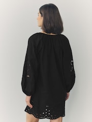 Black Long Sleeve Broderie Summer Mini Dress - Image 4 of 8