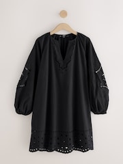 Black Long Sleeve Broderie Summer Mini Dress - Image 6 of 8