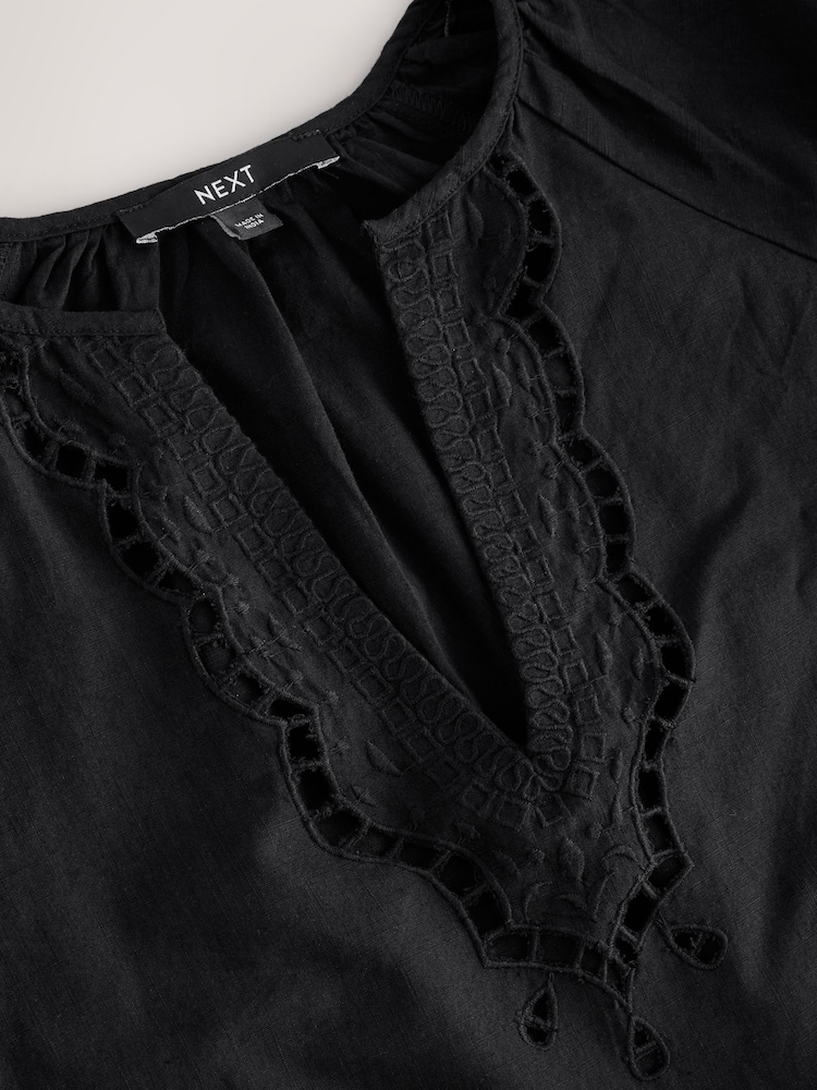 Black Long Sleeve Broderie Summer Mini Dress - Image 8 of 8