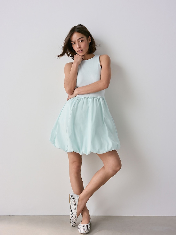 Light Blue Puffball Hem Woven Jersey Mix 100% Cotton Mini Dress - Image 2 of 7 Light Blue Puffball Hem Woven Jersey Mix 100% Cotton Mini Dress - Image 2 of 7