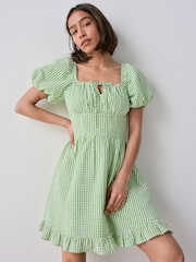 Green Gingham 100% Cotton Puff Sleeve Milkmaid Mini Dress - Image 1 of 1