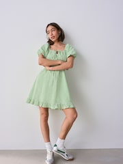 Green Gingham 100% Cotton Puff Sleeve Milkmaid Mini Dress - Image 2 of 8